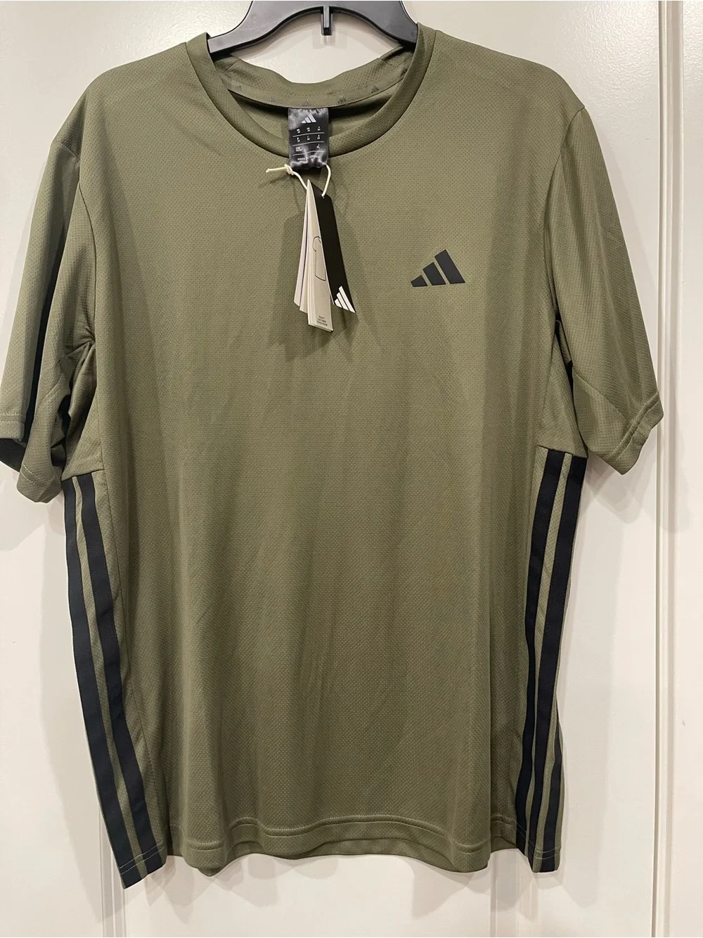 adidas Olive Green Short Sleeve Performance Tee with Black Stripes